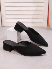 Mulas de tacón alto para mujer con punta puntiaguda y slip-on, pantuflas de tacón bajo para exterior, tallas grandes