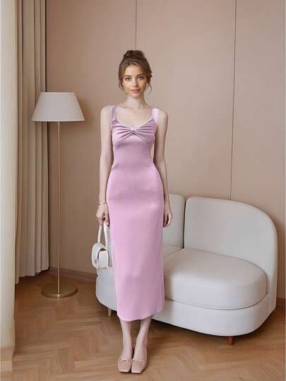 Vestido elegante de fiesta de color liso, ajustado y con abertura lateral,Vestido Ajustado De Tirantes Con Dobladillo Dividido En Color Liso,Vestido de tirantes con parte delantera retorcida