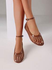 Mesh Ballet Women Flat Sandals Breathable Comfortable Ankle Buckle Strap Lightweight Soft Beach Vacation Fishnet Casual Summer Flats Shoes - 棕色 - 查看 5