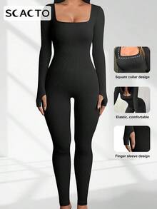Scacto 2pcs Women Skinny JumpsuitSolid Color Ribbed Knit Long SleeveSquare Neck Bodycon JumpsuitRomper Work Out Sport Yoga Playsuits - 黑白 - 查看 3