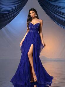 QOQ仙女风女士正式礼服浪漫晚礼服，适合婚礼、鸡尾酒会、慈善舞会等场合，露背亮片网纱礼服，春季款 - 寶藍色 - 查看 6