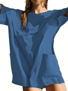 Mono de mujer casual de color sólido, estilo suelto minimalista, cuello redondo, top de manga corta, diseño transpirable sin espalda, cómodo top de mujer de bolsillos grandes, adecuado para la calle y el uso diario. - Azul - Ver 7