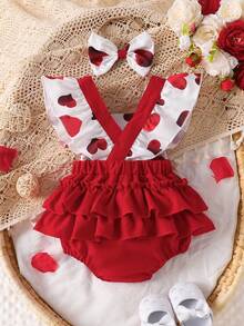 Baby Girls' Fashionable Minimalist Cute Square Neck Bowknot Bodysuit With Heart Shaped Print, Ruffled Edges, Headband, Spring/Summer - Red - View 2