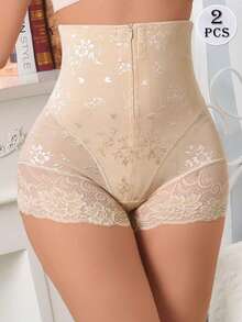 2pcs/Set Lace Zip Up Waist Shaper Tummy Control High Waist Seamless Postpartum Slimming Pants - Apricot - View 4