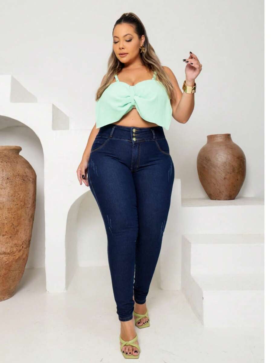 Women's Plus Size Jeans, Elastic, High Waist, Skinny, Shaper, Butt Lifting - 藏蓝色 - 查看 1