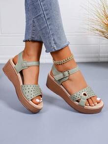 2025 New Arrival Women's Summer Thick Sole Wedge Heel Casual Open Toe Lightweight Sandals, Wood Grain Sole, Ankle Strap With Buckle, Elastic Band, Hollow-Out Design, Suitable For Spring/Summer Vacation, Fashion Beach Shoes