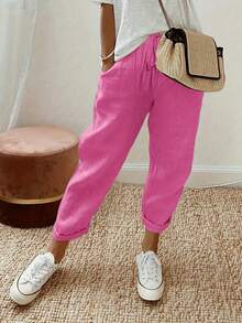Women's Solid Color Elegant Comfortable Elastic Waist Drawstring Pocket Beach Holiday Work Casual Straight Pants, Spring/Summer/Autumn - Hot Pink - View 2