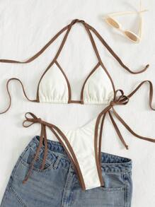 Women's Vacation Contrast Color Sexy Halter Wrap Bikini Swimsuit 2pcs Set