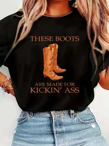 Cowboycore Kickin Ass Save A Horse Ride A Cowboy Saddle Up T-Shirt Print T-Shirt Casual Crew Neck Short Sleeve Comfort Tee Top For Spring & Summer Women's Clothing - Black - View 1