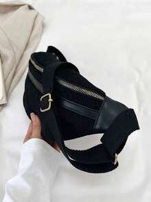 Solid Color Versatile Striped Women Shoulder Chest Bag - Black - View 10