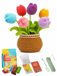 1 套钩针入门套件 - 薰衣草和郁金香盆栽植物、毛线球、DIY 手工套件，配有基本配件和初学者说明 - 彩色 - 查看 10