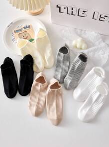 5 Pairs Women's Solid Color Rib Ankle Liner Short Invisible Socks, Thin Breathable Non-Slip Hidden Boat Socks For All Seasons