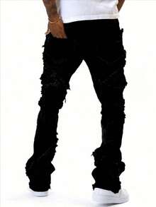 Men's Pocket, Frayed Hem Stretch Skinny Flared Jeans - Black - View 5