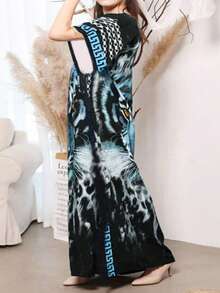 Quần áo mùa thu cho nữ cỡ lớn, dáng rộng, váy kaftan đi biển thoải mái khi trở lại trường - Áo choàng lấy cảm hứng từ phong cách Bohemian sang trọng với cổ chữ V tôn dáng, thiết kế áo chui đầu dễ mặc và họa tiết da hổ rực rỡ - Hoàn hảo cho những chuyến đi biển và thời tiết ấm áp - Màu xanh lam - Xem 3