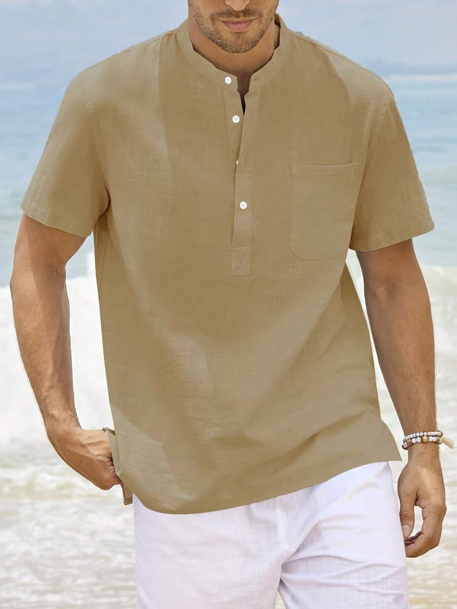 大码男士纯色领短袖口袋拼布衬衫 - 卡其色 - 查看 1
