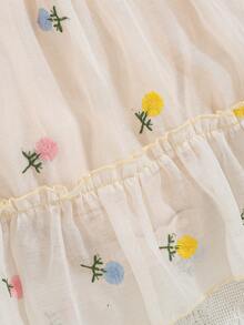女婴花卉刺绣薄纱短袖连体衣连衣裙 - 杏色 - 查看 4