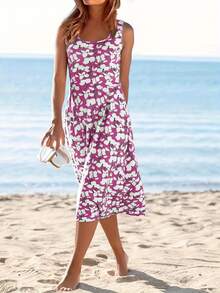 时尚印花无袖连衣裙，轻盈优雅，适合休闲外出、居家、旅行、工作、婚礼、派对、海滩、睡衣等多种场合。 - 紫色 - 查看 5