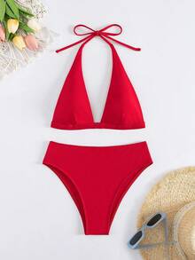 New Summer Solid Color 2 Pieces Bikini Set, Halter Tie Back Style, Beach Vacation - Red - View 3