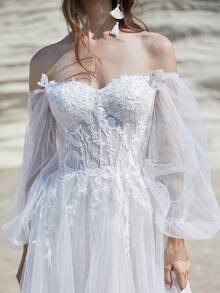 露肩长袖蕾丝刺绣紧身胸衣搭配闪亮薄纱，适合婚礼派对户外花园婚纱，女士拉链后背舞会礼服婚礼正式礼服带拖尾，新娘 - 白色 - 查看 8