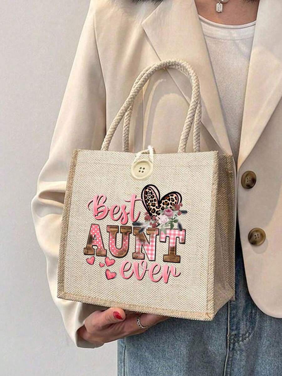 Best Auntie Ever Print Tote Bags, For Women Aunt Gifts Auntie Gifts From Niece Nephew Best Aunt Ever Gifts Funny Gifts For Aunt Auntie Friends Sister Birthday Letter Pattern Storage Bag,Linen Tote Bag, Hand Shopping Bag, Tote Bag, Lightweight Foldable Storage Bag,Gifts For Friends And Besties, Gifts For Mothers, Suitable For Personal Travel Cosmetics, Shopping Bags, Large-Capacity Storage - Beige - View 1