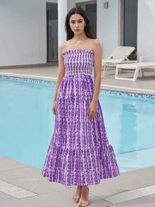 Strapless Dress For Women Ruffled Trim Flower Plant Pattern Sleeveless Tube Smocked Long Dress - Purple - View 4