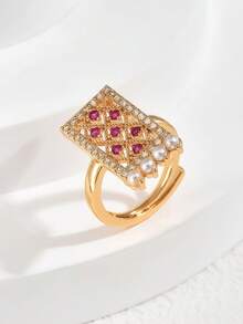 1pc Eid Festival Simple Unique Copper Inlaid Faux Pearl Hollow Rectangle Fashion Versatile Ring - Multicolor - View 9