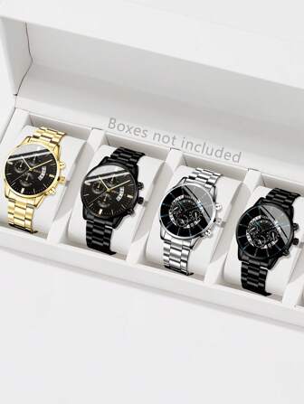 4PCS Fashion Alloy Strap Men's Watch Set Business Digital Scale Dial Quartz Watch Set Suitable For Daily Clothing Matching Or Holiday Gifts