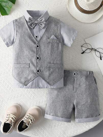 Summer Cool Boy Wedding Season Young Boy Suit, 3-Piece Gray Gentleman Formal Outfit For Boys: Short Sleeve Shirt + Bow Tie Vest + Shorts, Boys Formal Suit Set For Summer Wedding, Stylish Little Gentleman Outfit