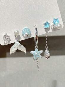 6 Pairs Elegant Mermaid Tail, Seashell, Starfish Design Faux Pearl Stud Earrings, Minimalist Daily Earring Set - 彩色 - 查看 2