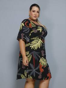 Women's Plus Size Printed Short Dress - Preta EST - Ver 3