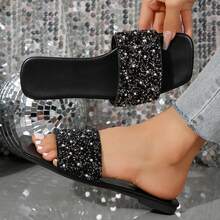Rhinestone Square Toe Slippers For Women - Casual Fashion Slip-Ons For Indoor/Outdoor Use In Summer. Flat Bottom Sandals With Open Toe - Perfect Beachwear! - 全黑 - 查看 3