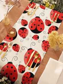 1pc Hand-Painted Seven-Spot Ladybug Insect Print Linen Table Runner, Suitable For Holidays, Parties, Birthdays, Dinners, Kitchen, Dining Room Decor, Shoe Cabinet Cover, All Season Home Decor - Multicolor - View 4