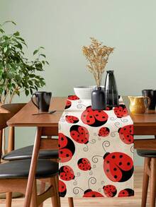 1pc Hand-Painted Seven-Spot Ladybug Insect Print Linen Table Runner, Suitable For Holidays, Parties, Birthdays, Dinners, Kitchen, Dining Room Decor, Shoe Cabinet Cover, All Season Home Decor - Multicolor - View 10