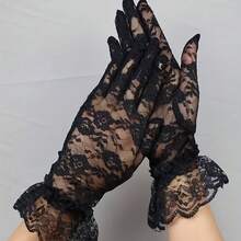 1 Pair Of Elegant White Lace Fingerless Women's Gloves - Breathable Mesh And Floral Pattern, Elastic Fit, Decorative Wedding Bride Gloves With Ruffled Cuffs, Perfect For Summer Outings, Lace Gloves - 黑色 - 查看 11