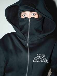 Autumn And Winter Women's Retro Fashion Balaclava Cavalry Double-Layer Hoodie - Black - View 10