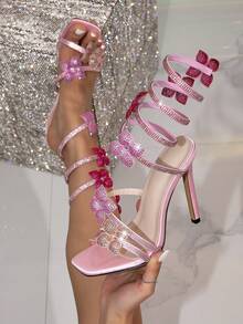 Giày sandal cao gót siêu cao gợi cảm kiểu Âu & Mỹ dành cho nữ, đính đá lấp lánh hình rắn và bướm nhiều màu sắc, thích hợp cho tiệc tùng và buổi tối, màu hồng, gót nhọn. - Màu Hồng baby - Xem 5