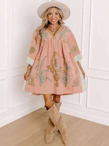 1pc Women Western & Bohemian Style Floral Print Vacation Boho Dress, Suitable For Street, Music Festival, Beach, Summer Casual Outfits