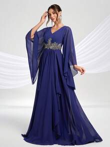 YISIKADO 女士 V 领优雅贴花雪纺荷叶边下摆派对长裙