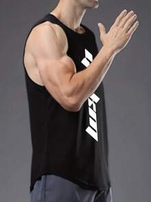 1pc Men's Athletic Sleeveless Tank Top, Breathable Workout Gym Outdoor Sports Printed Tee, Summer - Black - View 5