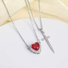 1pc Titanium Steel Sword Heart Pendant Necklace, Valentine's Day Gift For Men And Women - Silver - View 3