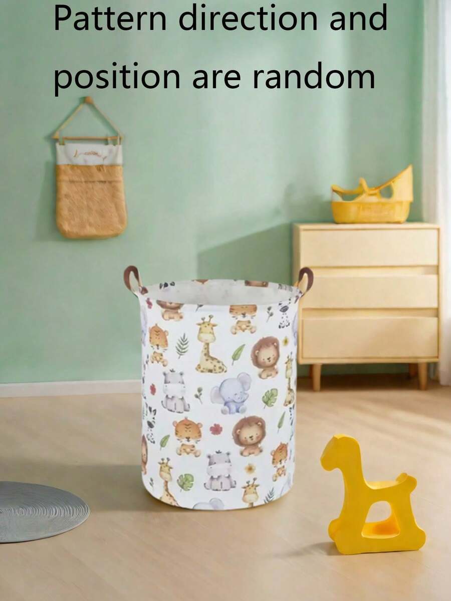 1pc Baby Room Canvas Foldable Clothes Storage Basket Cartoon Pattern With Handle Toy Box Storage Bucket Cute And Light, Suitable For Family Children's Baby Room Arrangement And Storage (Pattern Direction Random) - Multicolor - View 1
