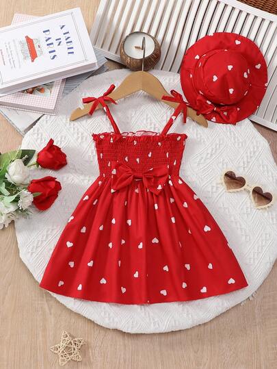Bhchntiy 2 件套夏季女宝宝蝴蝶结吊带心形印花背心裙和帽子可爱套装