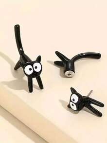 1 Pair Black & White Cat Front And Back Earrings - Black and White - View 2