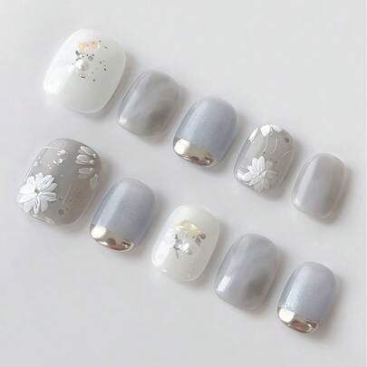 10 片高端柔和蓝色手绘花卉精美闪光法式美甲假指甲（随机亮片）按压式指甲美甲用品指甲