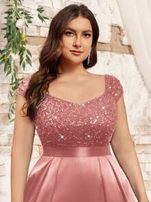 加大 V 领亮片蕾丝撞色缎面正式派对秋千裙，优雅舞会婚礼宾客礼服，适合生日、毕业典礼、返校节 - 藕粉色 - 查看 10