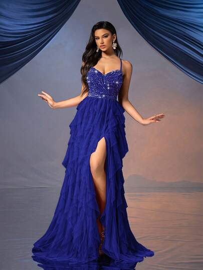 QOQ 仙女风格女士礼服浪漫晚礼服，适合婚礼活动、鸡尾酒会、慈善舞会露背亮片网眼礼服舞会礼服