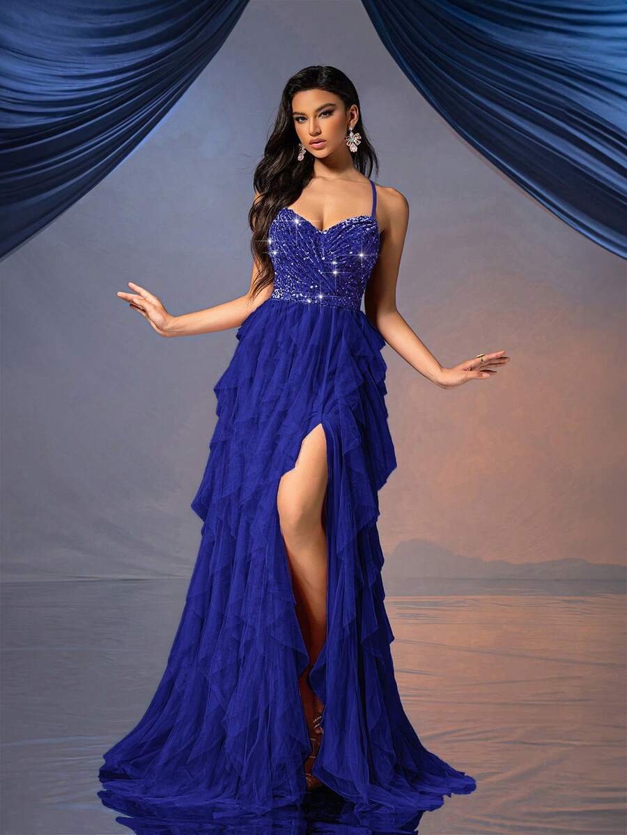 QOQ仙女风女士正式礼服浪漫晚礼服，适合婚礼、鸡尾酒会、慈善舞会等场合，露背亮片网纱礼服，春季款 - 寶藍色 - 查看 1