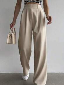 Women's High Waist Wide Leg Pants With Waist Patch And Adjustable Waistband - Màu be - Xem 1