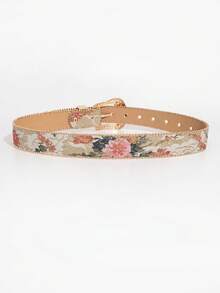 1pc Women's Gem Carved Buckle Multi-Color Palace Style Floral Embroidered PU Leather Belt Summer, School Fall, Autumn, Halloween - Multicolor Embroidered Floral Print - View 4
