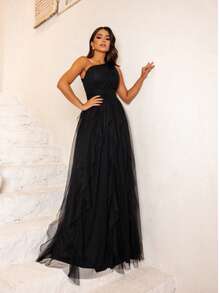 One-Shoulder Layered Bridesmaid Prom Dress - Black - View 3